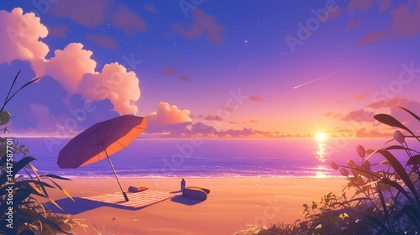 Fototapeta Summer beach sunset background, with the blanket and the beach umbrella. Graphic illustration of the dusk on the coastline, seasonal banner.