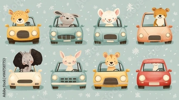 Fototapeta Whimsical Scene of Various Animals Joyfully Driving a Colorful Car Through a Lively and Sunny Landscape