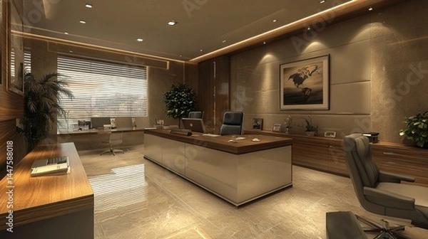 Fototapeta Bright and Spacious Modern Office Featuring Large Desk and Expansive Window with Natural Light Flowing