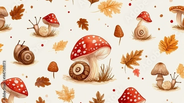 Fototapeta Intricate Seam Pattern Featuring Whimsical Mushrooms and Lush Leaves in a Nature Inspired Design
