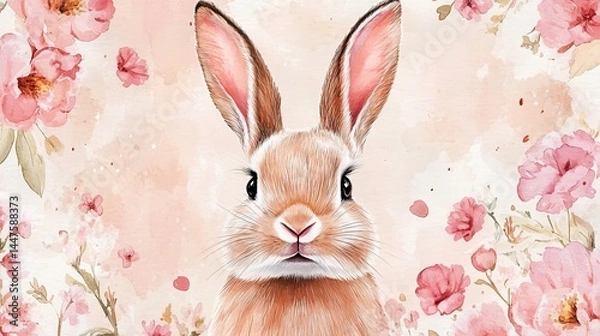 Fototapeta Charming Rabbit Surrounded by Colorful Flowers and Lush Green Leaves Against a Soft Pink Background