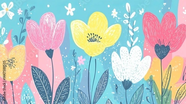 Fototapeta Vibrant Floral Background with a Bright Blue Sky and Delicate Pink Flowers Creating a Cheerful Atmosphere