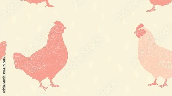Fototapeta Charming Chicken and Hens Gathering on Soft Beige Background Capturing Farm Life and Tranquility