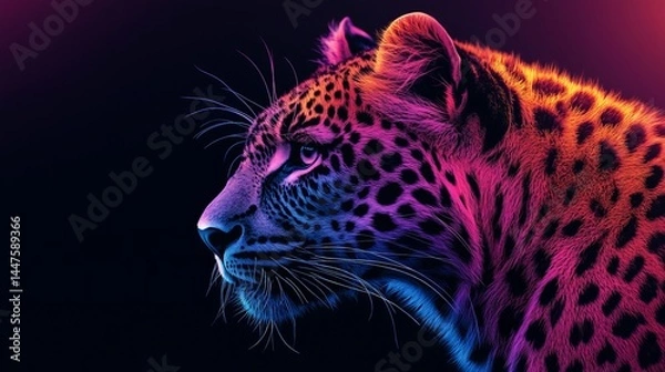 Fototapeta Vibrant Colorful Leopard Stands Out Against Deep Black Background Showcasing Its Wild Beauty and Elegance