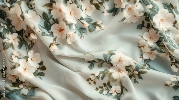 Fototapeta Elegant White Flowered Fabric with Lush Green Leaves Creating a Fresh and Natural Textile Atmosphere
