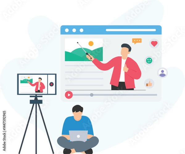 Fototapeta Teacher recording online course using laptop and tripod with mobile phone, creating educational content for remote learners by leveraging modern technology to provide clear and engaging lessons