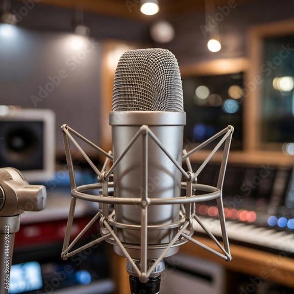 Fototapeta Silver spherical microphone with volume knob and grille on adjustable stand. Professional studio background with blurred panels and soft lighting.