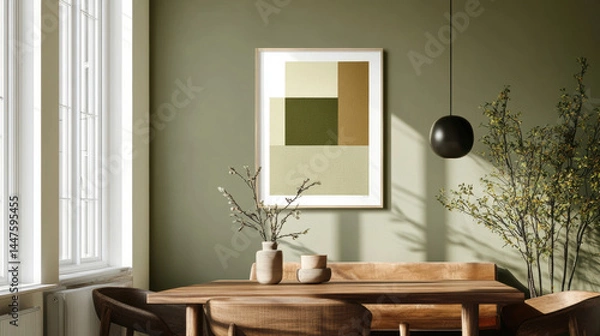 Obraz midcentury inspired art print with neutral colors like sage green and brown. 