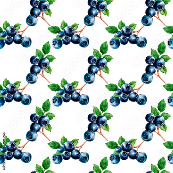 Fototapeta Seamless blueberry pattern with green leaves on white background. Fresh botanical design perfect for kitchen decor, packaging, textiles, and healthy food branding.