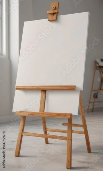 Fototapeta Wooden easel legs and sturdy base support a large, blank canvas ,  blank, easel