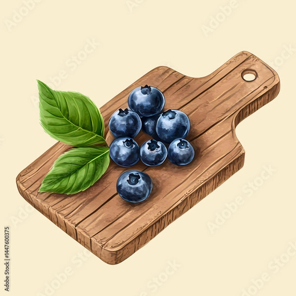 Fototapeta Realistic illustration of fresh blueberries with green leaves on a vintage wooden cutting board, placed on a soft pastel yellow background. Perfect for food design, recipe cards and kitchen decor