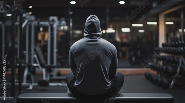 Obraz lifter sitting on gym bench with dark faded grey hoodie on back facing.