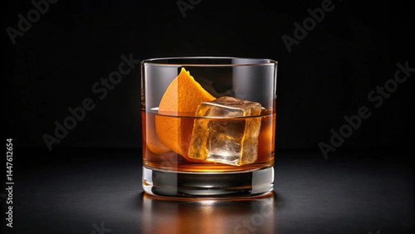 Fototapeta Whiskey cocktail with large ice cube and orange peel in clear glass on dark background, showcasing classic and elegant drink presentation