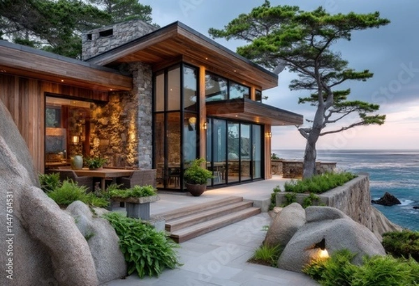 Obraz A cozy home on the cliff overlooking the ocean in California, overlooking the California coast at Big Sur.