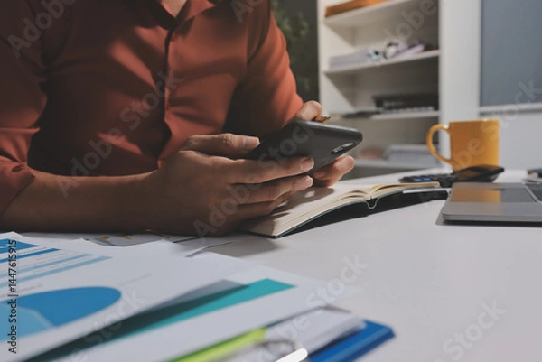 Fototapeta Working from home, Closeup business woman using laptop computer and analyzing financial report.