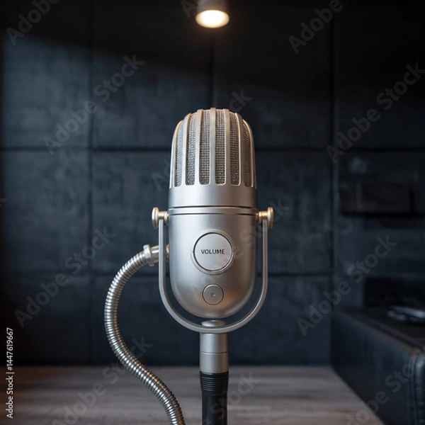 Fototapeta Photo: Sleek silver microphone on dark gray backdrop. Volume knob, button, adjustable arm, oval base. Spotlight highlights professional, modern design.