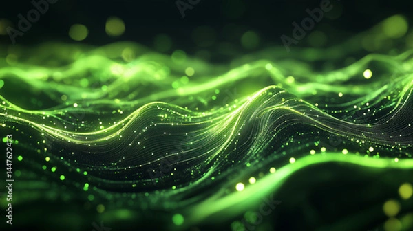 Obraz Futuristic digital illustration featuring a vibrant green neural network pattern resembling flowing waves made of light and data. The glowing strands and scattered particles create a sense of motion
