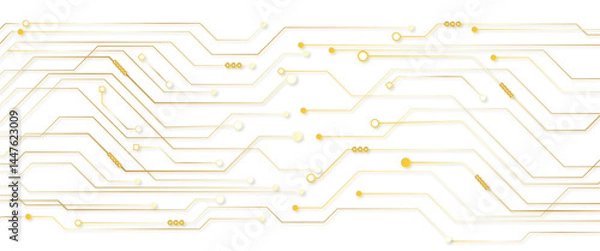 Fototapeta A golden background with golden circuit board lines,  golden dots and yellow chips 