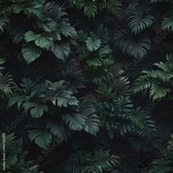 Obraz Dark, lush foliage creates an exotic, layered pattern  Mysterious, elegant feel , art, , illustration