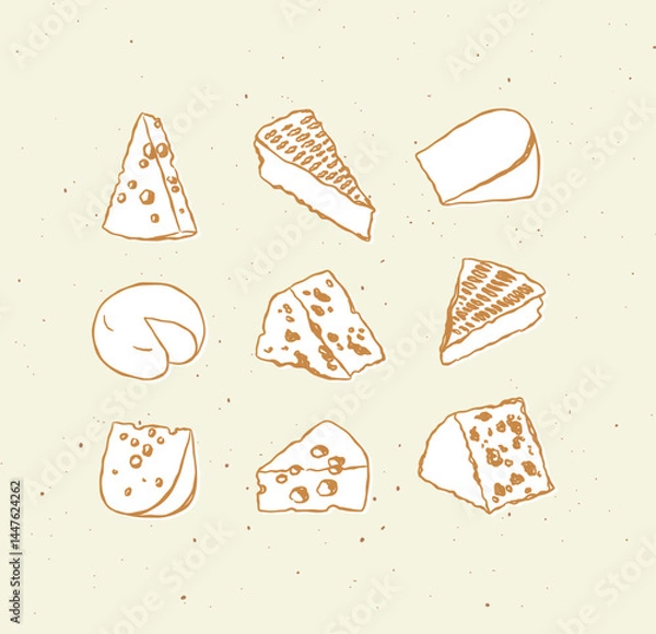 Fototapeta Cheese types set icon collection cheddar, blue cheese, parmesan, camembert, gouda, emmental, brie, edam drawing on beige color background