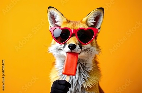 Fototapeta Fox wearing heart-shaped sunglasses enjoys a bright red popsicle against a vibrant background