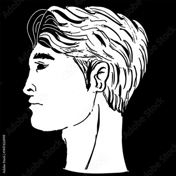 Fototapeta Young Man Side Profile Vector – Hand Drawn Black and White Male Portrait with Modern Hairstyle for Illustrations, Branding, and Design Projects