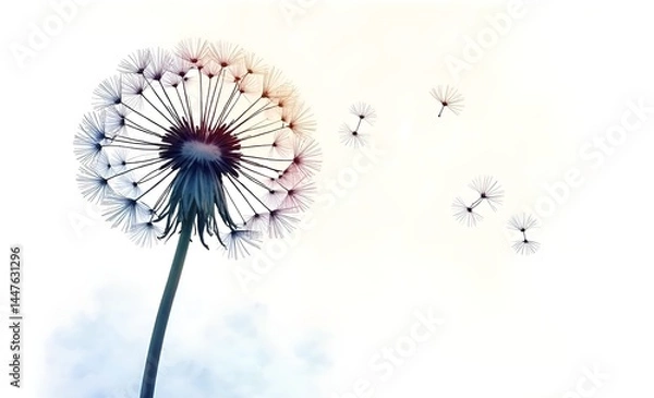 Fototapeta Multicolored watercolor silhouette of a lonely fluffy dandelion on a white background