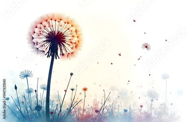 Fototapeta Multicolored watercolor silhouette of a fluffy dandelion in the grass on a white background