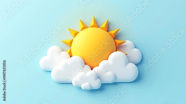 Fototapeta Weather sun and clouds, 3D rendered vector icon, isometric style