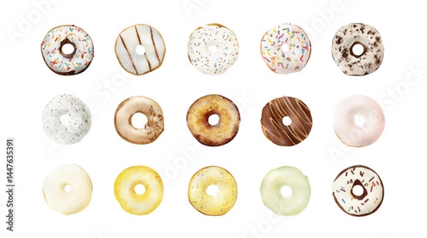 Fototapeta Donuts illustrations set – Hand-drawn watercolor sweet pastry for bakery, cafe menu, stickers, invitations