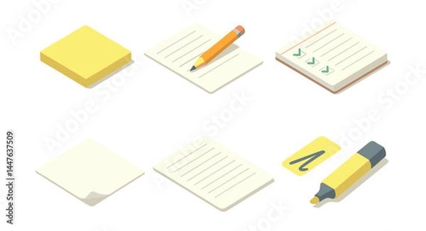 Fototapeta Note taking tools icon set – pencil, notebook, checklist, paper, highlighter