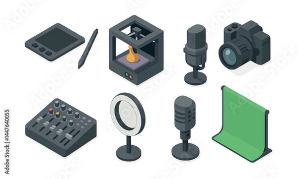 Fototapeta Creative tools icons set – tablet, 3d printer, microphone, camera, mixer, ring light