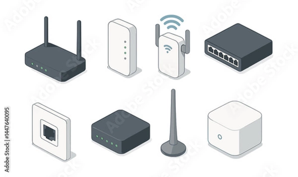 Fototapeta Isometric networking devices icons set – router, modem, wifi, switch, ethernet, antenna