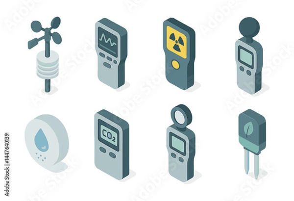 Fototapeta Environmental monitoring icons set – anemometer, radiation detector, co2 monitor, soil sensor