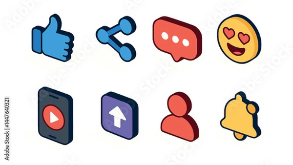 Fototapeta Isometric social media icons set – like, share, chat, emoji, play, upload, profile, notification