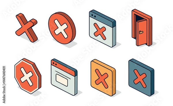 Fototapeta Close actions icons set – cross, door, stop, cancel, reject, exit, forbidden, prohibition