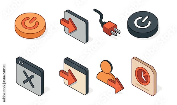 Fototapeta Isometric end process icons set – power, arrow, plug, close button, user profile, stop