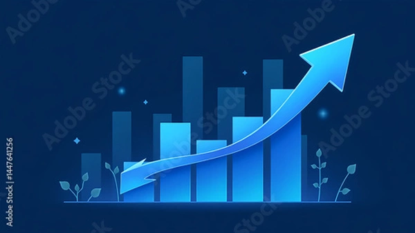 Obraz Blue Financial Growth Chart with Upward Arrows and Data Analytics Elements
