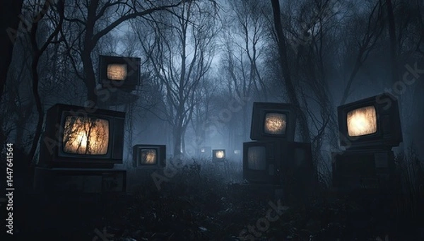 Fototapeta Spooky forest path illuminated by antique televisions  Flickering screens cast warm light on a misty, dark woodland