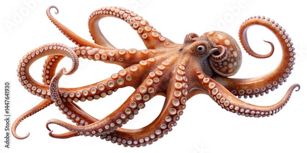 Fototapeta Detailed depiction of a vibrant orange octopus with curling tentacles on black backdrop