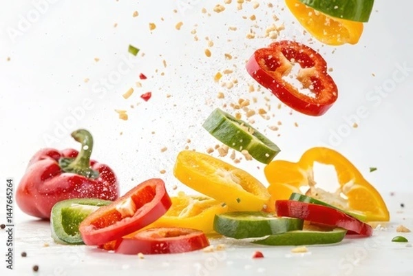 Fototapeta Colorful bell pepper slices falling dynamically in a vibrant display, perfect for food-related visuals.