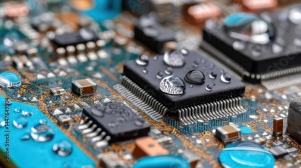 Fototapeta Close-up of circuit board components covered in water droplets.  The components appear to be protected by a sealant or coating