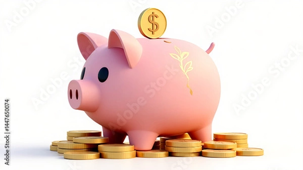 Obraz 3D Illustration of Pink Piggy Bank with Stacked Gold Coins – Transparent Background, High-Resolution PNG