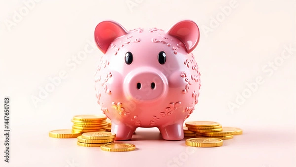 Obraz 3D Illustration of Pink Piggy Bank with Stacked Gold Coins – Transparent Background, High-Resolution PNG