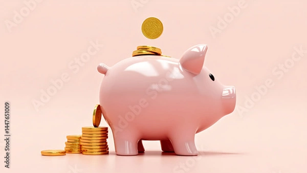 Obraz 3D Illustration of Pink Piggy Bank with Stacked Gold Coins 
