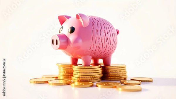 Obraz 3D Illustration of Pink Piggy Bank with Stacked Gold Coins – Transparent Background, High-Resolution PNG