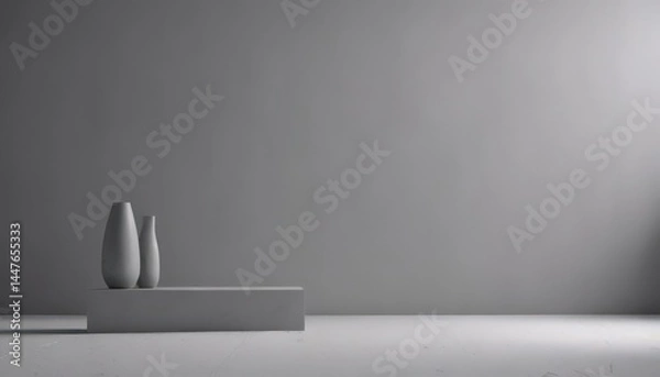 Fototapeta Elegant gray backdrop, soft light casts subtle shadows on product ,  style,  modern