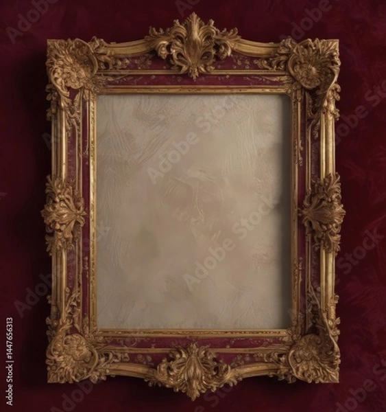 Fototapeta Exquisite gilded frame with swirling patterns against plush burgundy velvet , royal, texture, still life