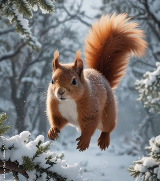 Fototapeta Fluffy red squirrel leaps through snowy branches, winter wonderland ,  snowdrift,  scene