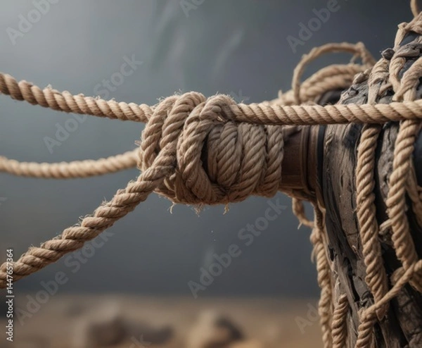 Fototapeta Frayed rope, stretched taut, near breaking point,  twine,  resilience